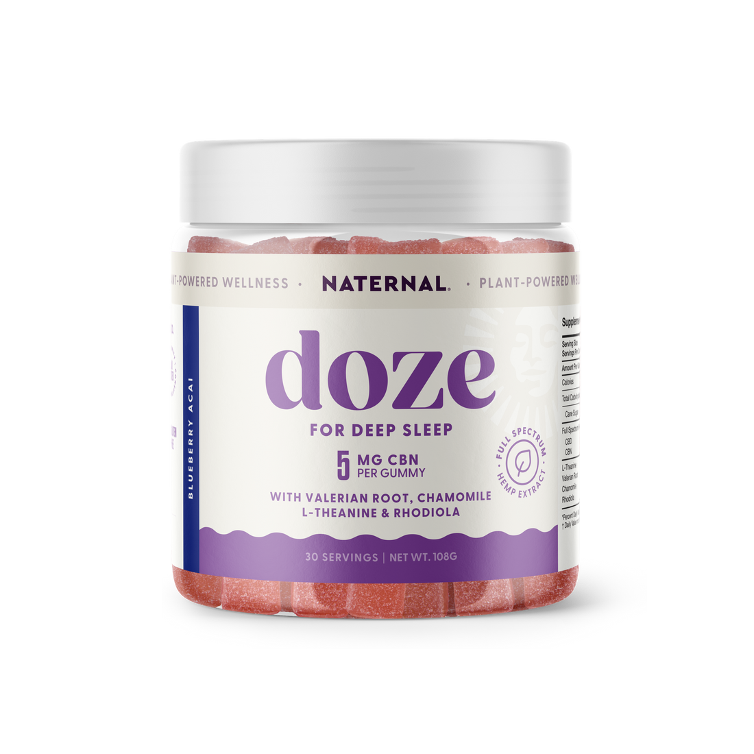 Naternal Doze Gummies in a clear jar with a purple label