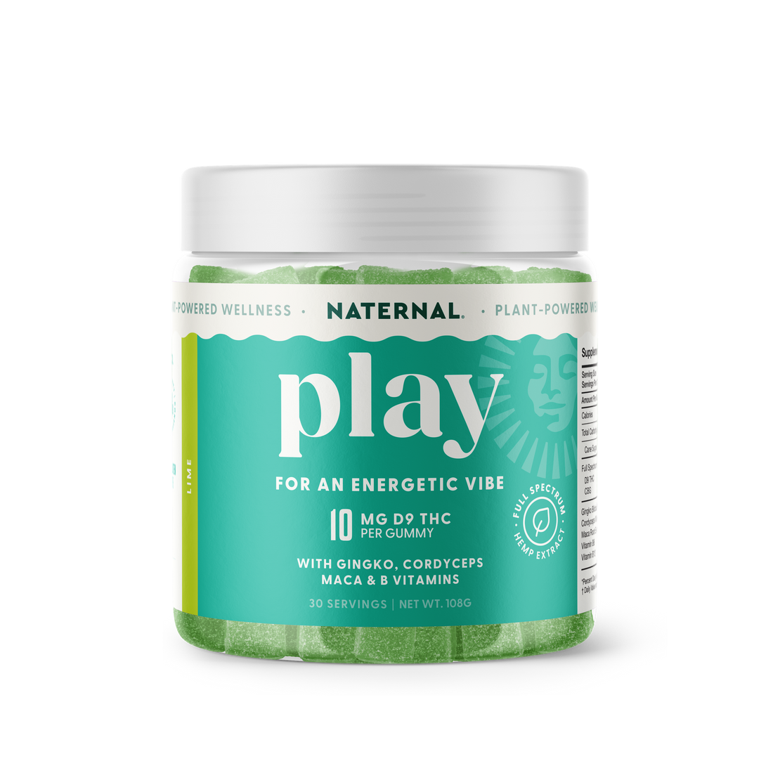 Naternal Play Gummies in a clear jar with a green label