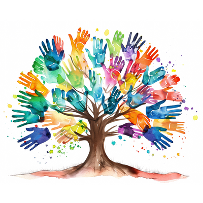 Watercolor tree with colorful handprint leaves representing family support