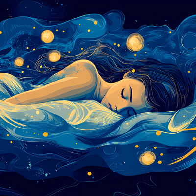 Artistic illustration of peaceful sleep with flowing blue waves and golden orbs