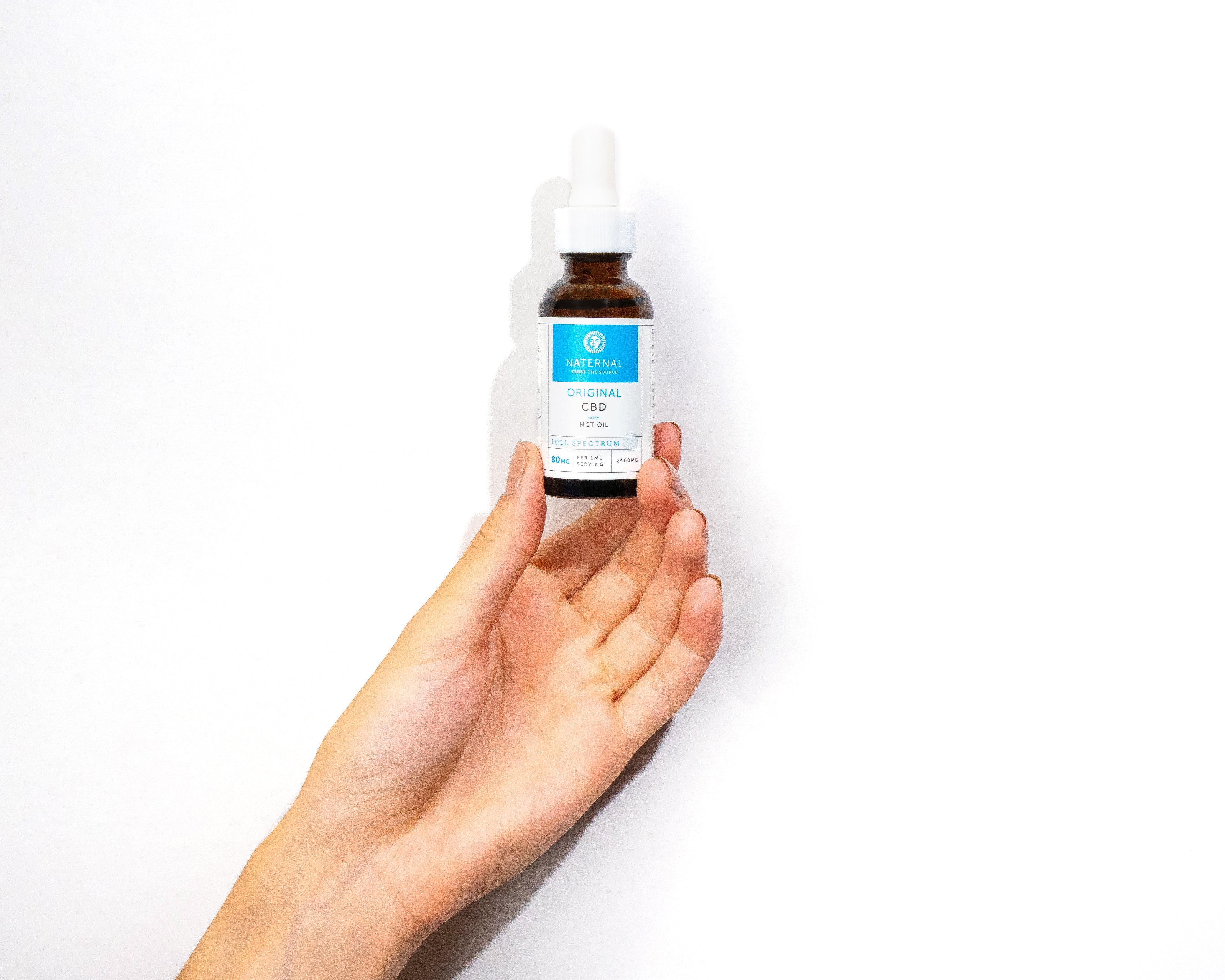 A hand presenting a bottle of Full Spectrum CBD Oil 2400mg