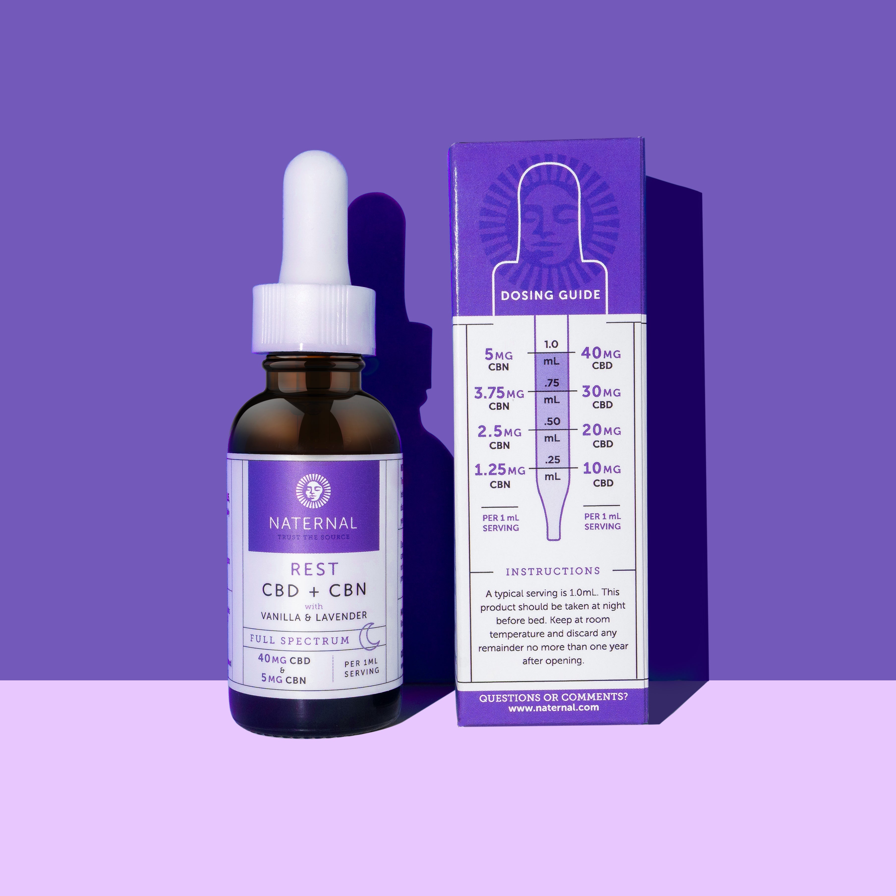 REST CBD + CBN oil bottle displayed next to its packaging