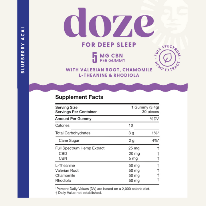 doze supplement gummy label with nutritional information on a white background
