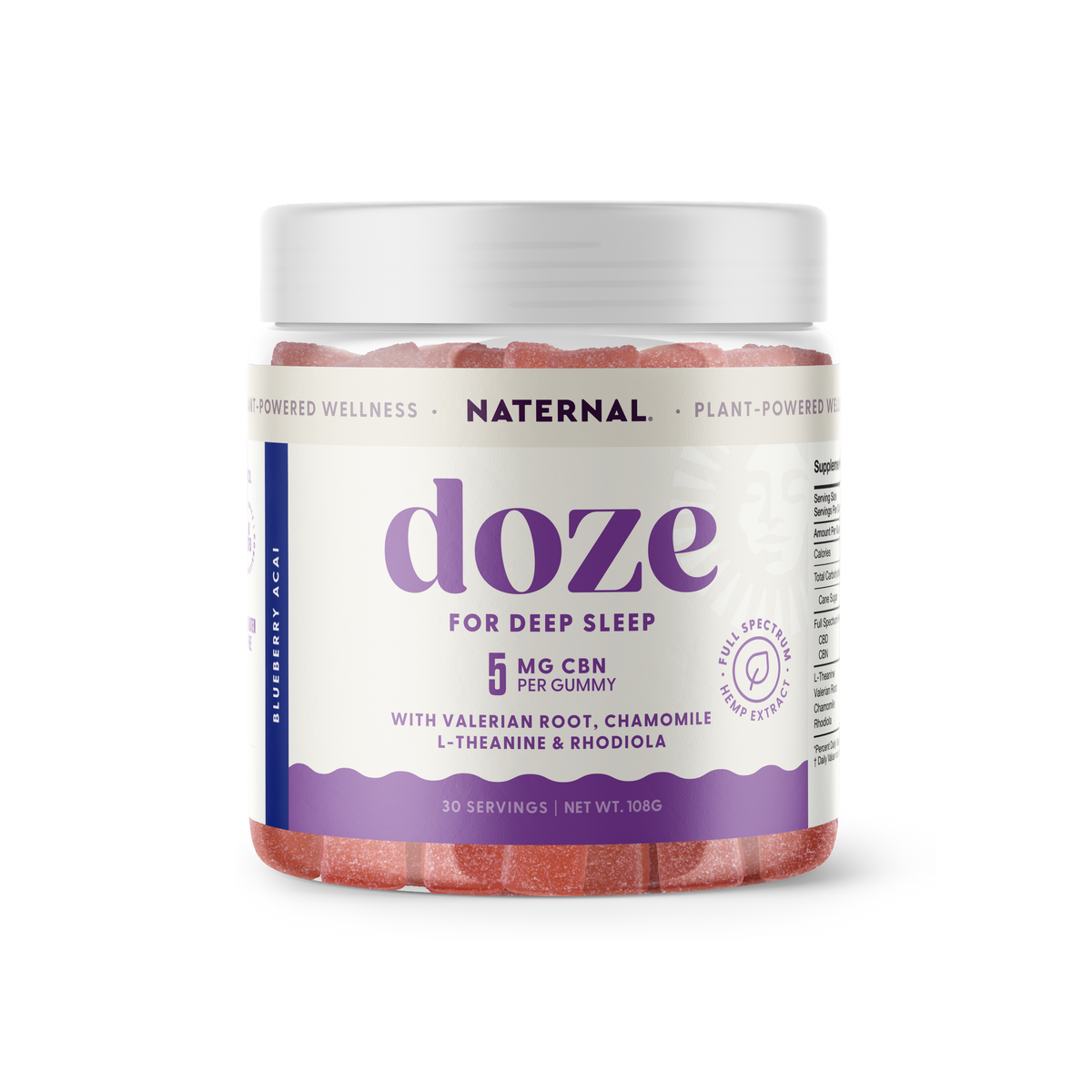 Naternal Doze Gummies in a clear jar with a purple label