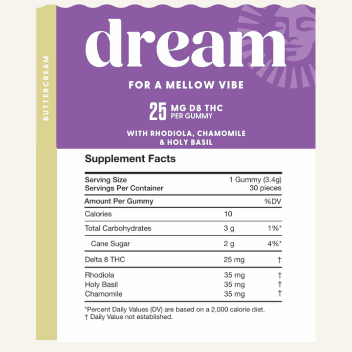 Dream gummy supplement packaging with purple and beige design