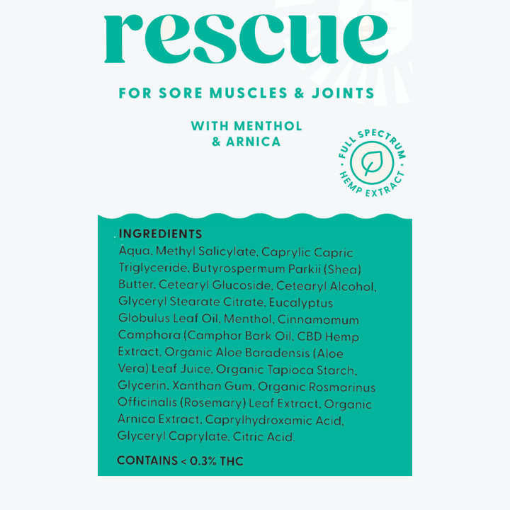 Ingredient list for Naternal Rescue Muscle Cream, made with menthol and arnica