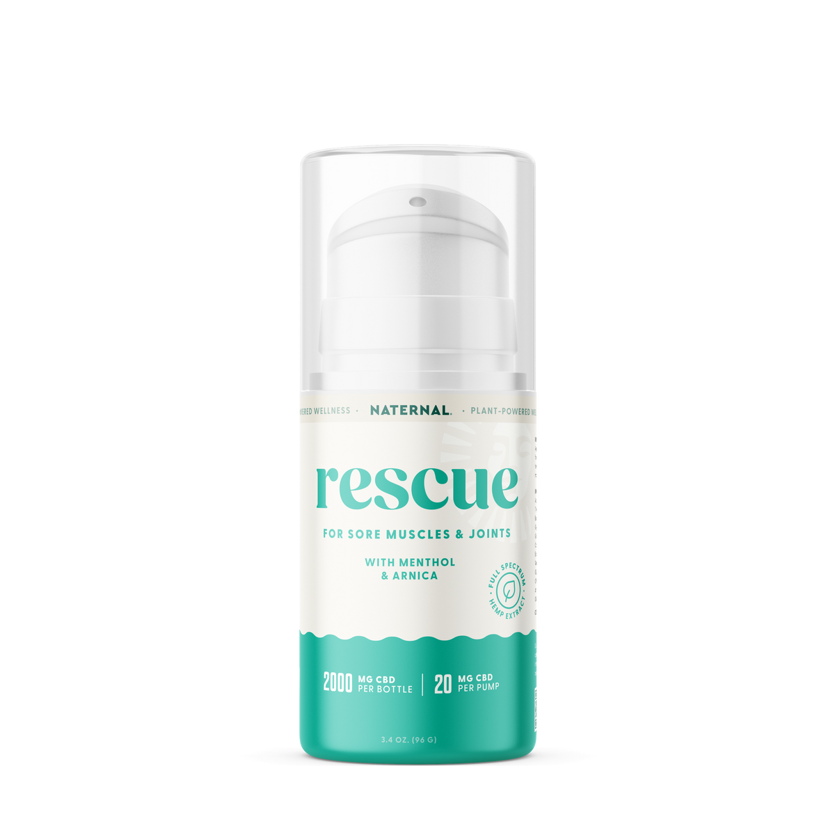 Naternal Rescue Muscle Cream in a white and teal airless pump bottle