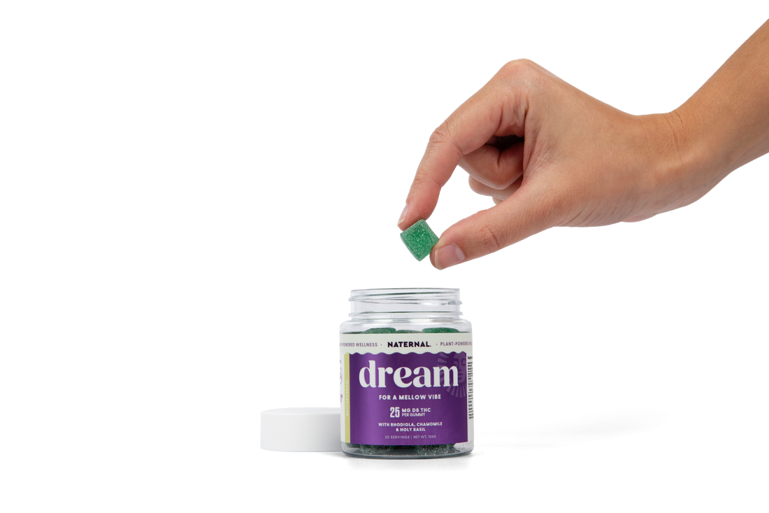 A Dream gummy lifted from the jar