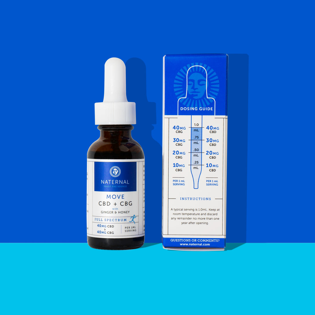 A MOVE CBD + CBG bottle positioned next to its packaging