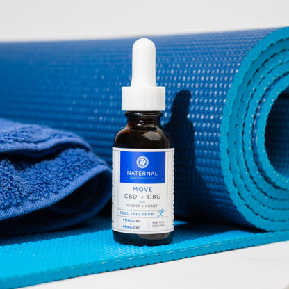 A bottle of MOVE CBD + CBG product placed on a blue yoga mat
