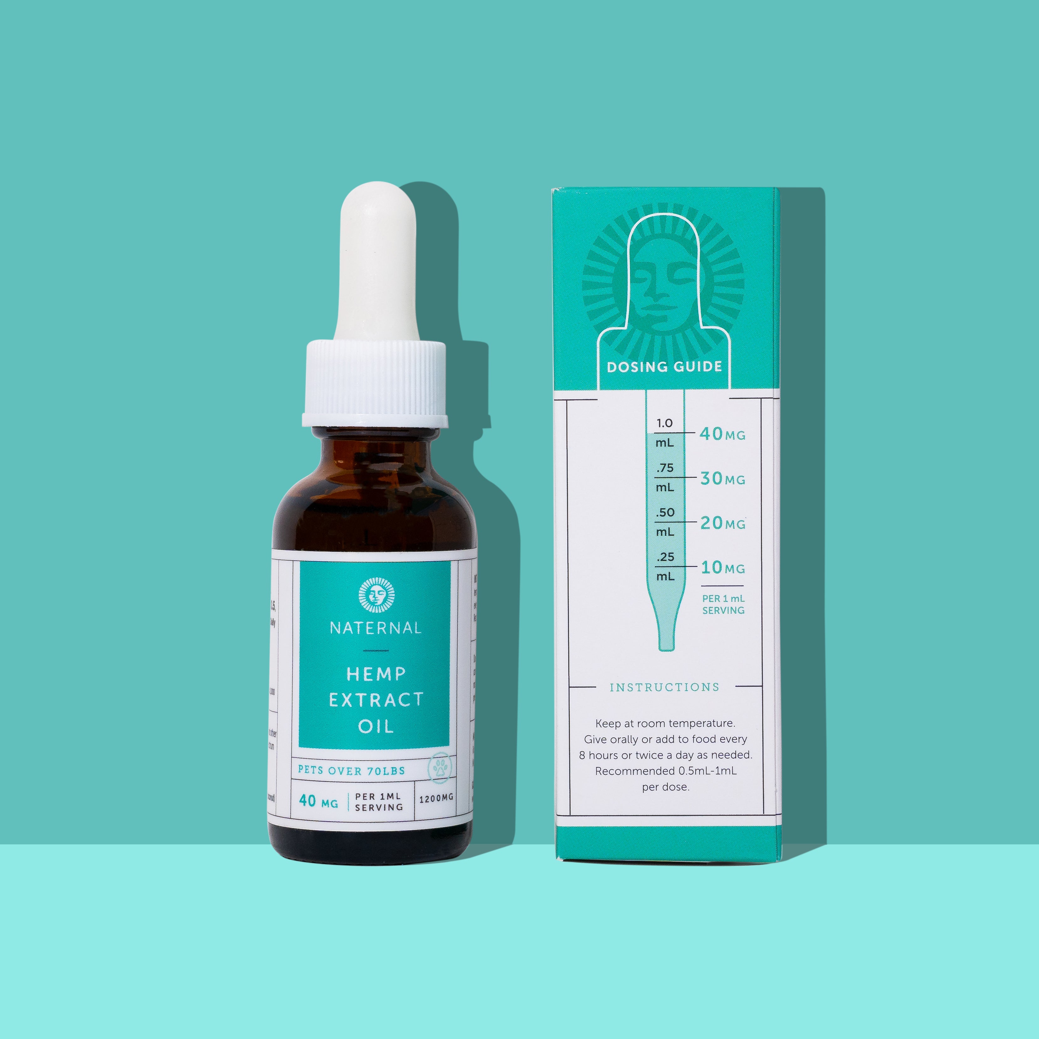 A bottle of 1200mg CBD oil for pets beside its packaging